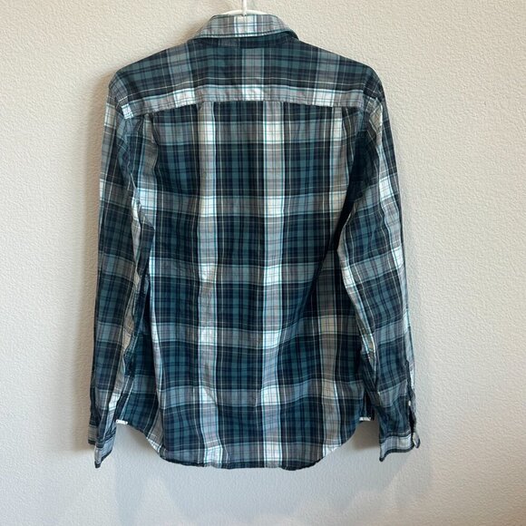 Gap "Lived In" Casual Navy Blue, White, & Green Plaid Button Down Shirt Top - Picture 2 of 5